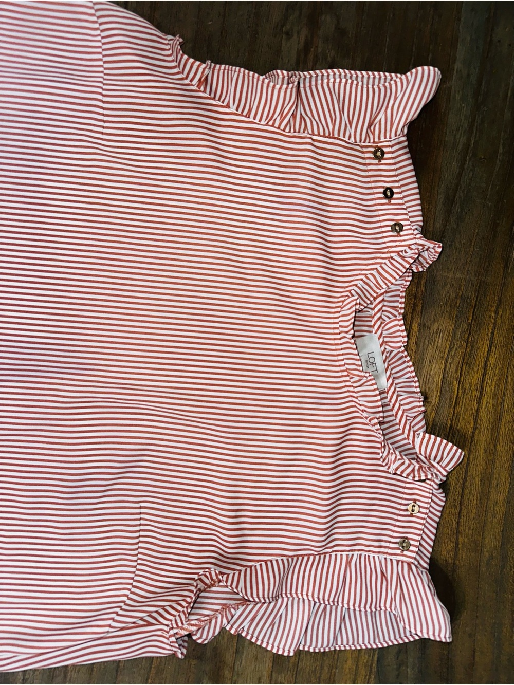 LOFT Red & White Striped Ruffle Shoulder Shell - Picture 3 of 5